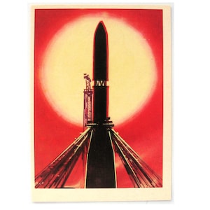Cartão espacial soviético, Espaço, Impressão espacial, Arte espacial, Viktorov, Espaço, Antes do lançamento, Vostok, Foguete, Cartão postal vintage soviético, URSS, 1971