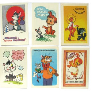 Zestaw 6 kalendarzy kieszonkowych, kot, pies, kurczak, używany, ilustracja, radziecka pocztówka vintage, ZSRR, 1987, 1989, 1985, 1990, 1991