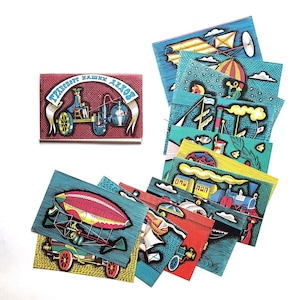 Transporte dos nossos avós, Conjunto de 12 postais soviéticos não utilizados, Romadin, Balão de ar, Automóvel, Bicicleta, Carruagem, Navio, URSS, 1972