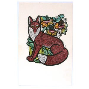 Renard, carte postale vintage soviétique, animal, vigne, raisin, illustration par Himelbrandt, art, carte postale inutilisée, URSS, 1972