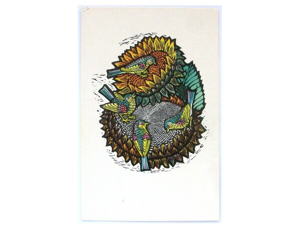 ウグイス、ソビエト ヴィンテージ ポストカード、鳥、ヒマワリ、ヒメル