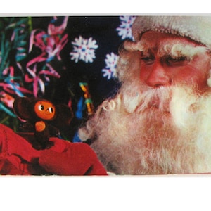 Carte Cheburashka, carte de bonne année, carte postale de félicitations, père Noël, carte postale inutilisée, illustration, carte postale vintage soviétique, 1975