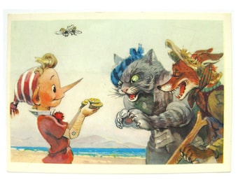 The Golden Key, Unused Postcard, Illustration, Cartoon, Pinocchio, Fairy Tale, Print, Buratino, Soviet Vintage Postcard, Vladimirsky, 60s