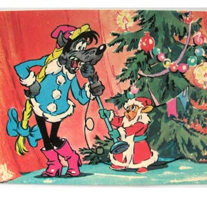 Feliz Ano Novo, Cartão postal não utilizado, Lebre, Lobo, Árvore de Natal, Natal, Ilustração, Cartão postal vintage soviético, Rusakov, URSS, década de 1970