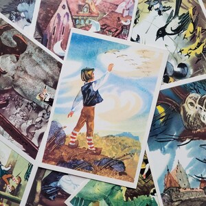 As Maravilhosas Aventuras de Nils, Selma Lagerlöf, Conto de Fadas Sueco, Conjunto de 16 Cartões Postais, Ilustração, Soviética, Kanevsky, URSS, 1975