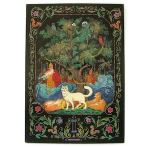 Pushkin, Ruslán y Liudmila, postal soviética, Palekh, arte, ilustración, impresión, postal vintage de la Unión Soviética, URSS, sin usar, Bokarev, 1985