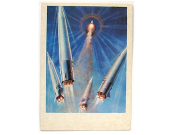 Vintage Space Exploration Postcard, Space Art, Sokolov, Launch of rocket, Unused, Unsigned, 1978, 1970s