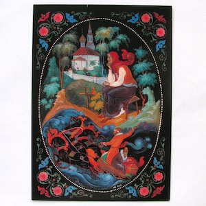 Pouchkine, à une nounou, carte postale soviétique, Palekh, art, illustration, impression, carte postale vintage de l'Union soviétique, URSS, inutilisé, Bokarev, 1985