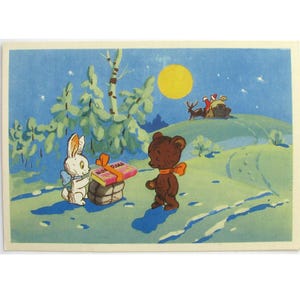 Russische Vintage Postkarte, Frohes Neues Jahr, Ungebrauchte Postkarte, Bär, Hase, Illustration, Winokurow, UDSSR, 50er Jahre, 1959