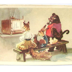 Animaux regardant la télévision, carte postale vintage soviétique inutilisée, carte postale de félicitations, illustration, vendeur, 1957, fabriquée en URSS, années 50, années 50