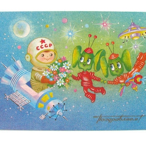 Cartão postal de felicitações, espaço, cosmonauta, cartão postal não utilizado, cosmos, cartão postal soviético vintage, sem assinatura, Firsanova, 1988, década de 1980