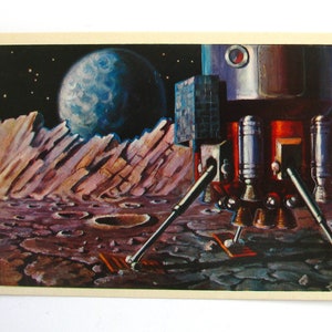 Spazio, Razzo cargo sulla Luna, Cartolina spaziale, Stampa spaziale, Arte spaziale, Leonov, Astronave, Non firmato, Cartolina d'epoca sovietica, URSS, 1975