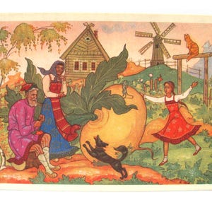 Die riesige Rübe, Palekh, Vintage Postkarte, Kurkin, Folk, Märchen, Lackminiatur, Kunst, UdSSR, Vintage Postkarte, unsigniert, 1970