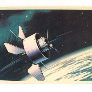 Spazio, Cartolina spaziale, Stampa spaziale, Arte spaziale, Viktorov, Laboratorio spaziale dei medici, Terra, Non firmato, Cartolina d'epoca sovietica, URSS, 1971