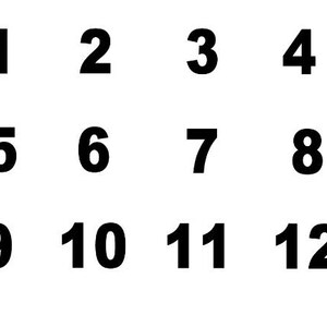 May include: Twelve black numbers, from 1 to 12, are displayed on a white background. The numbers are in a bold, sans-serif font, evenly spaced, and arranged in three rows of four.