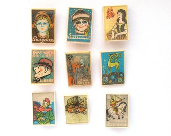 Soviet Stereo Pins, Set of 9 pins, Tales and cartoons, Fox, Cat, Snow maiden, Character, Tale character, Vintage collectible badge, USSR