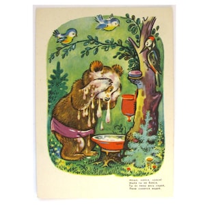 Postal de felicitación de oso, sin usar, lavada, pájaro carpintero, ilustración de Zotov, sin firmar, postal soviética antigua, URSS, década de 1960, 1968