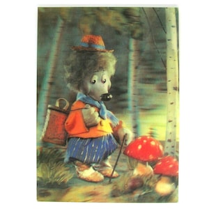 Hérisson et amanite, Hérisson dans la forêt, Carte postale photo stéréo, Illustration, Carte postale vintage soviétique inutilisée, URSS, 1988, années 1980