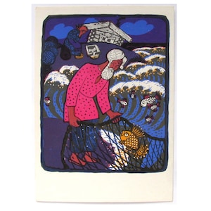 Rosyjska ludowa pocztówka, nieużywana, stary człowiek i ryba, zwierzę, rzadka radziecka zabytkowa pocztówka, ilustracja, Owczinnikow, ZSRR, 1970, lata 70.