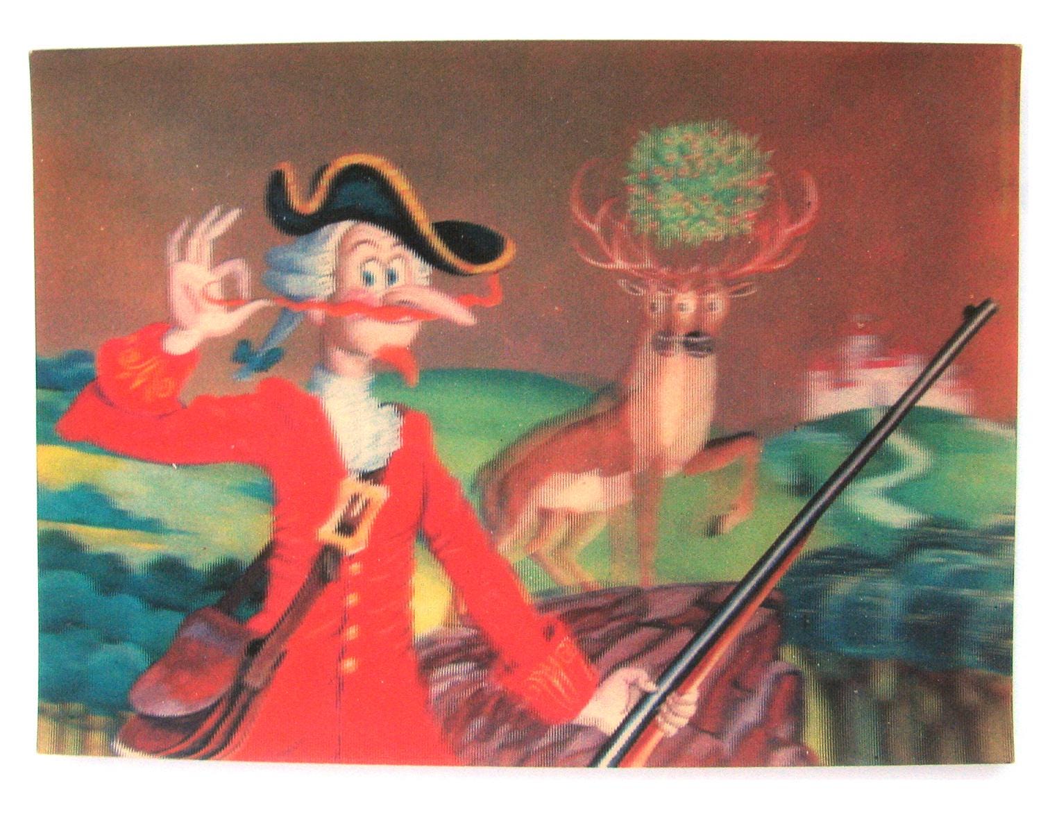 Baron Munchausen, Stereo Photo Postcard, Deer, Illustration, Unused Soviet Vintage Postcard,  USSR , 1987, 1980s