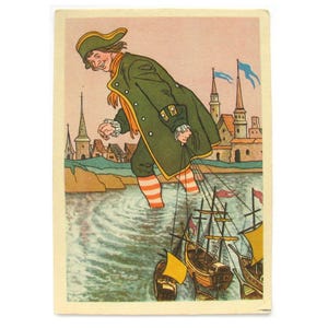 Gulliver, Cartão postal não utilizado, Jonathan Swift, Cartão postal soviético vintage, Ilustração, Valk, 1957, década de 1950, anos 50, URSS