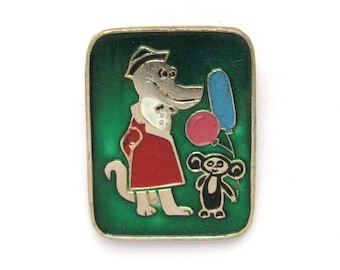 Cheburashka and Crocodile Gena, Character from soviet cartoon, Balloons, Сollectible badge, Soviet Vintage Pin, Made in USSR