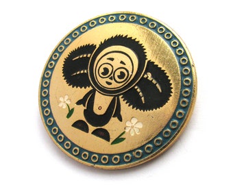 Cheburashka Pin, Flowers, Badge, Character, Soviet cartoon Pin, Vintage collectible badge, Soviet Vintage Pin, Soviet Pin, Made in USSR