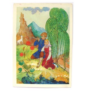 Menino e menina, flor de pedra, cartão postal não utilizado, cartão postal vintage soviético, Palekh, ilustração, Kovalyov, Palekh, 1968, década de 1960, década de 60, URSS