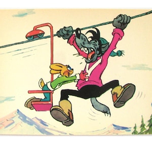 May include: A cartoon wolf wearing a pink sweater and a blue hat is riding a ski lift with a cartoon rabbit wearing a green shirt. The wolf is holding onto the ski lift cable with one hand and the rabbit with the other. The rabbit is holding onto the wolf's arm. The wolf is looking at the rabbit with a mischievous expression. The rabbit is looking at the wolf with a scared expression.