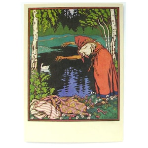 La piccola anatra bianca, cartolina inutilizzata, strega, fiaba, cartolina d'epoca sovietica, illustrazione, Ivan Bilibin, 1970, anni '70, URSS