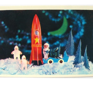 Happy New Year, Space, Cosmonaut, Child, Rocket, Rare Unused Postcard, Christmas, Soviet Vintage Postcard, Dergilev, 1975, 70s