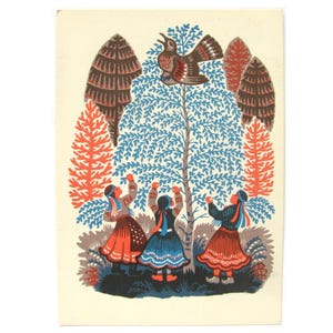 Carte postale de chanson folklorique lituanienne, inutilisée, femmes, oiseau, carte postale vintage soviétique rare, illustration, Ovchinnikov, URSS, 1969, années 70