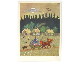 Man on cart, Village, Horse, Unused Postcard, Rainbow, Soviet Vintage Postcard, Marshak, Tale, Illustration, Vasnetsov, Unsigned, USSR, 1970