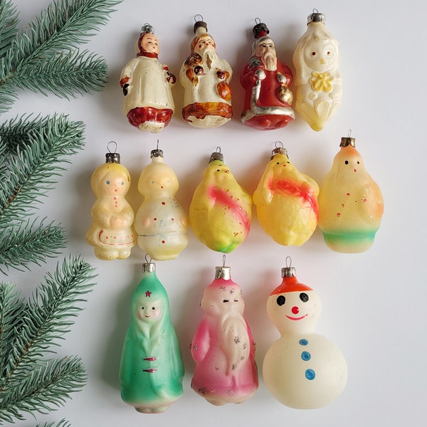 Personaggi, Ornamenti natalizi in vetro sovietico, Persone, Pupazzo di neve, Ded Moroz, Decorazioni per alberi di Natale in vetro, Vintage, Sovietico, URSS, anni '70, '80