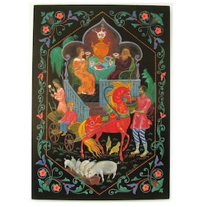 Pushkin, postal soviética, Palekh, arte, ilustración, impresión, postal vintage de la Unión Soviética, URSS, postales sin usar, Bokarev, 1985