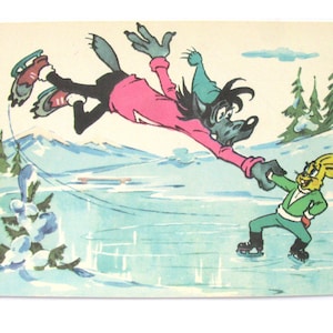 Felice Anno Nuovo, Cartolina inutilizzata, Lepre, Lupo, Albero di Natale, Natale, Illustrazione, Cartolina d'epoca sovietica, Rusakov, URSS, anni '70