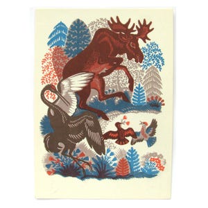 Postal de canción popular lituana, sin usar, alce y pájaros, postal soviética vintage rara, ilustración, Ovchinnikov, URSS, 1969, años 70