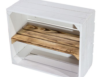 Boîte d’étagère blanche petite avec planche centrale flammée 50cmx40cmx22cm boîte en bois boîte à fruits boîte à vin boîte intermédiaire planche flambée vintage décoration étagère