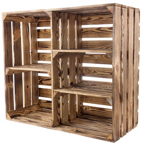 flamed/burnt wooden cabinet with 3 middle boards 77 cm x 68 cm 35 cm, set of 2 cabinet room divider fruit box wine box box of 2