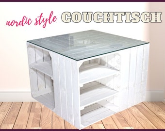 Weißer Shabby Chic Couchtisch, Tisch mit weißen Mittelbrettern | Neu | 70x70x50 cm | Couchtisch mit verschiedenen Fächer für Controller