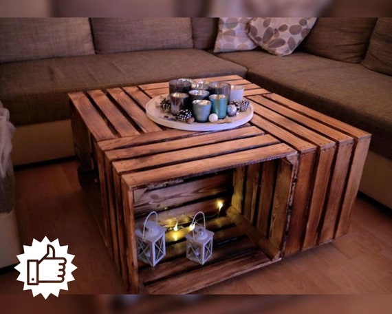 Coffee Table Made of Flamed Apple Crates on Castors Etsy
