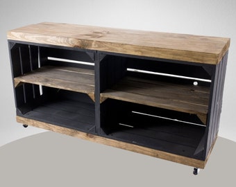 Aparador negro sobre ruedas | placa superior marrón, hecha de madera, 4 compartimentos | 100x30x50 cm de | gabinete de TV moderno con ranuras para cables