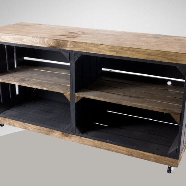 Sideboard black on wheels | brown top plate, made of wood, 4 compartments | 100x30x50 cm | modern TV cabinet with slots for cables