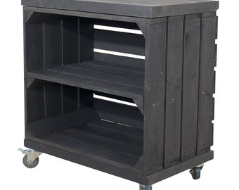 Shelf made of a black fruit box with a middle board and two plank boards in black, on rolls 53x50x30cm