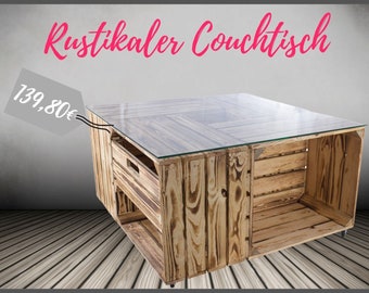 Geflammter Tisch mit Schublade, inklusive Glasplatte und Rollen | 81x81x44 cm | Couchtisch Holz Glas mit viel Stauraum für Controller