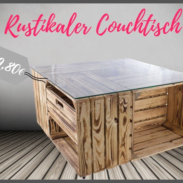 Gevlamde tafel met lade, inclusief glazen blad en wielen | 81x81x44 cm | Salontafel van hout en glas met veel opbergruimte voor controllers