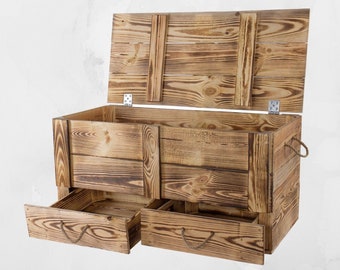 XXL Holztruhe geflammt mit 2 Schubladen 85 x 39 x 40 cm Obstkisten Weinkisten Holzkisten Truhe Kiste mit Deckel