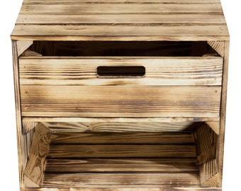 geflammte Holzkiste mit Schublade | 50x40x30 cm | Nachtschrank mit Fach zur Aufbewahrung, Platz für Bücher und Ablagefläche