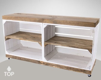 TV bench white, on wheels | brown top plate & shelves, made of wood, 4 compartments | 100x30x50cm | modern TV cabinet, sideboard