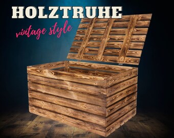 Geflammte Holztruhe mit Deckel - NEU - 80x50x39 cm - modern und rustikales Wohnelement mit Platz für Deko, Decken & mehr